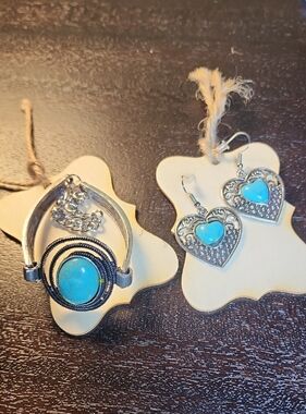 Turquoise Heart Earrings & Statement Bracelet Set - Silver Tone